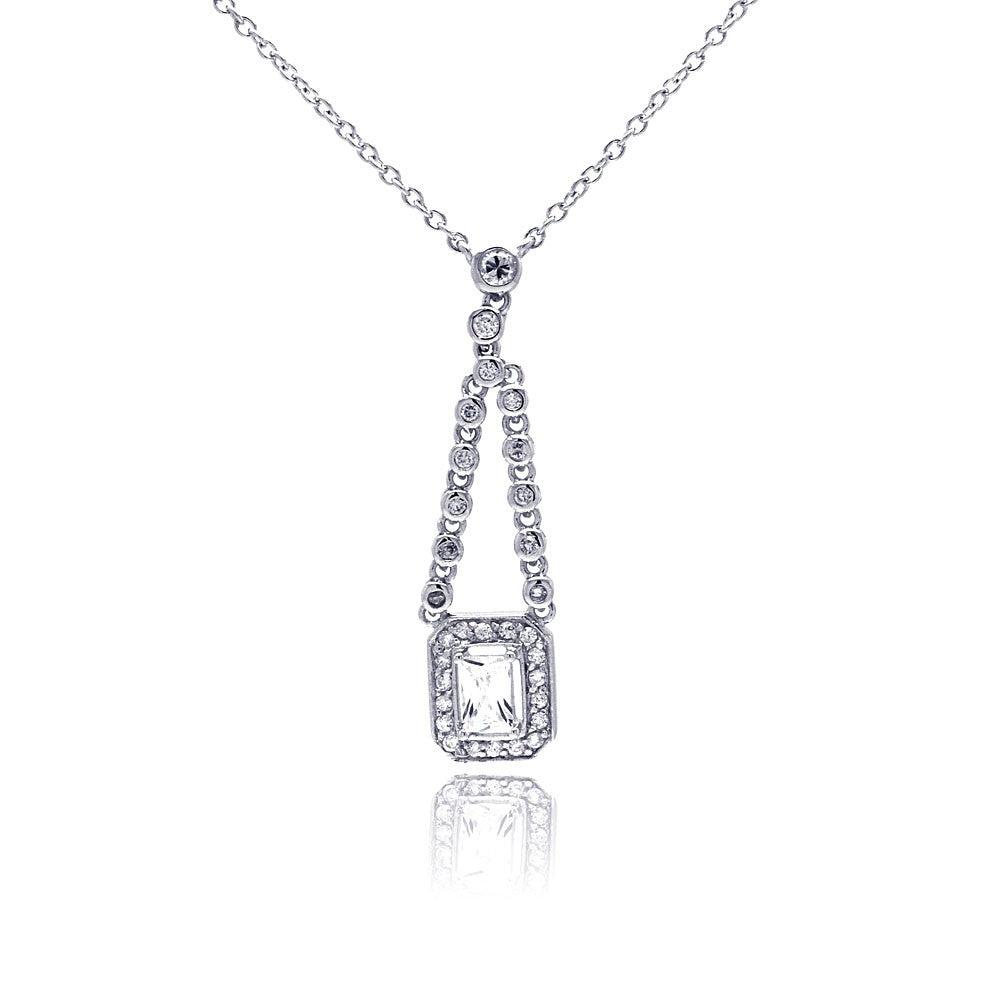 Closeout-Silver 925 Rhodium Plated Rectangle Clear CZ Dangling Necklace - STP00552