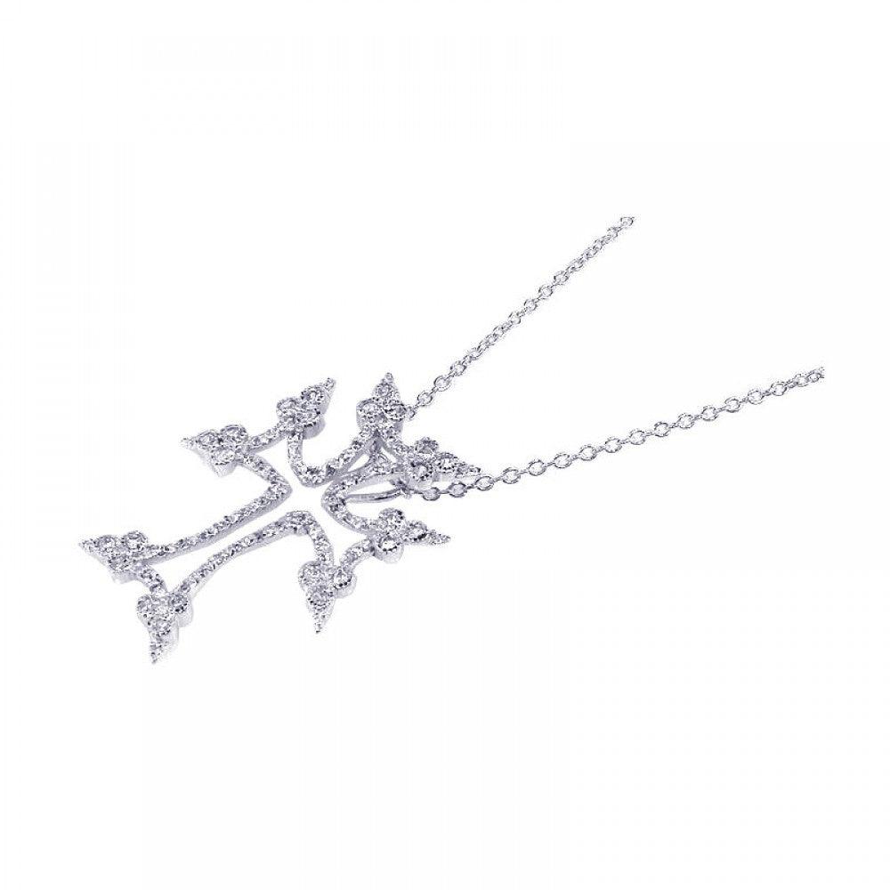 Silver 925 Rhodium Plated Clear CZ Tree Cross Pendant Necklace - STP00602