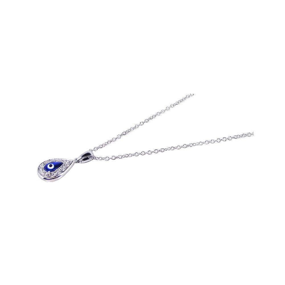 Silver 925 Rhodium Plated Clear CZ Evil Eye - Blue Drop Shape Pendant Necklace - STP00604