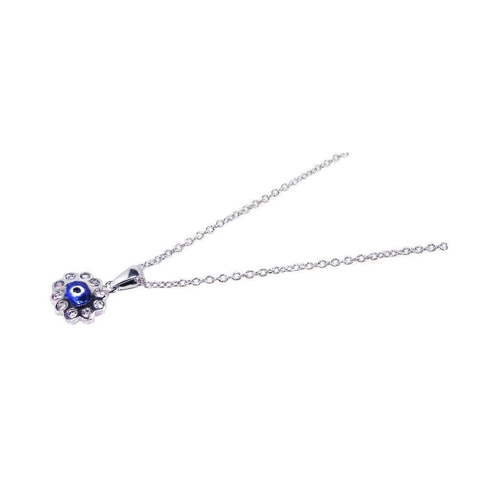 Silver 925 Rhodium Plated Clear CZ Evil Eye - Blue Cluster Pendant Necklace - STP00608