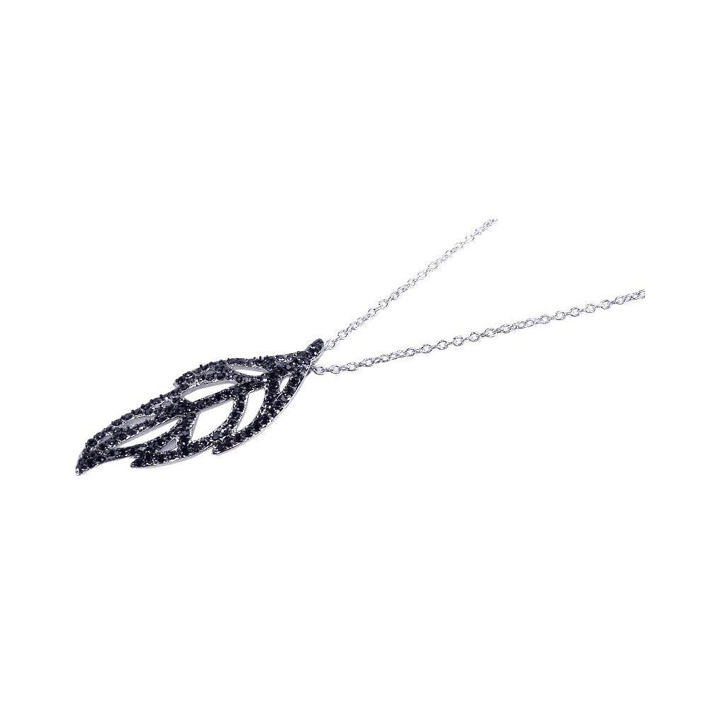 Closeout-Silver 925 Black Rhodium Plated Clear CZ Black Leaf Pendant Necklace - STP00611