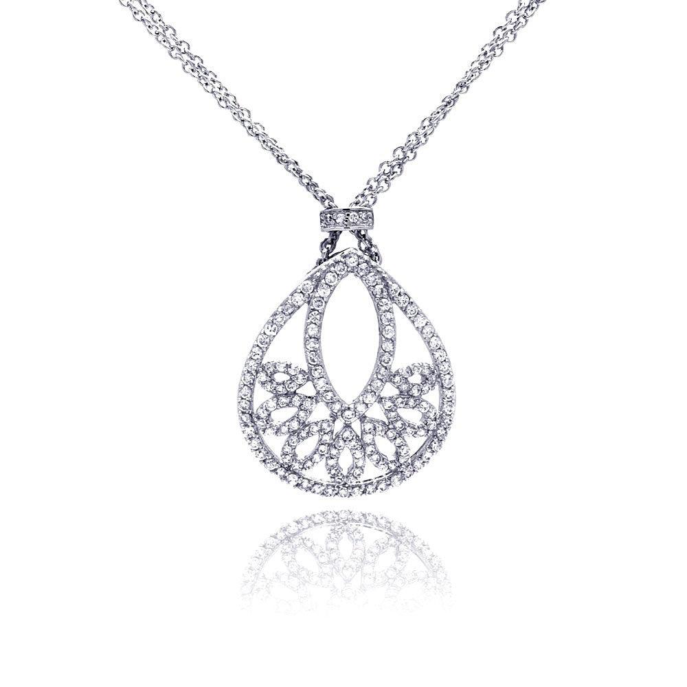 Closeout-Silver 925 Rhodium Plated Clear CZ Drop Shape Pendant Necklace - STP00619