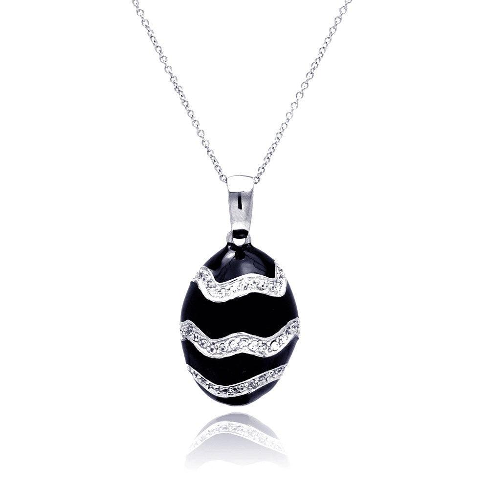 Closeout-Silver 925 Rhodium Plated Onyx Egg-shaped Pendant Necklace - STP00626