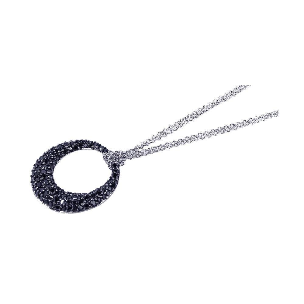 Closeout-Silver 925 Black Rhodium Plated Clear CZ Circle Pendant Necklace - STP00631BLK