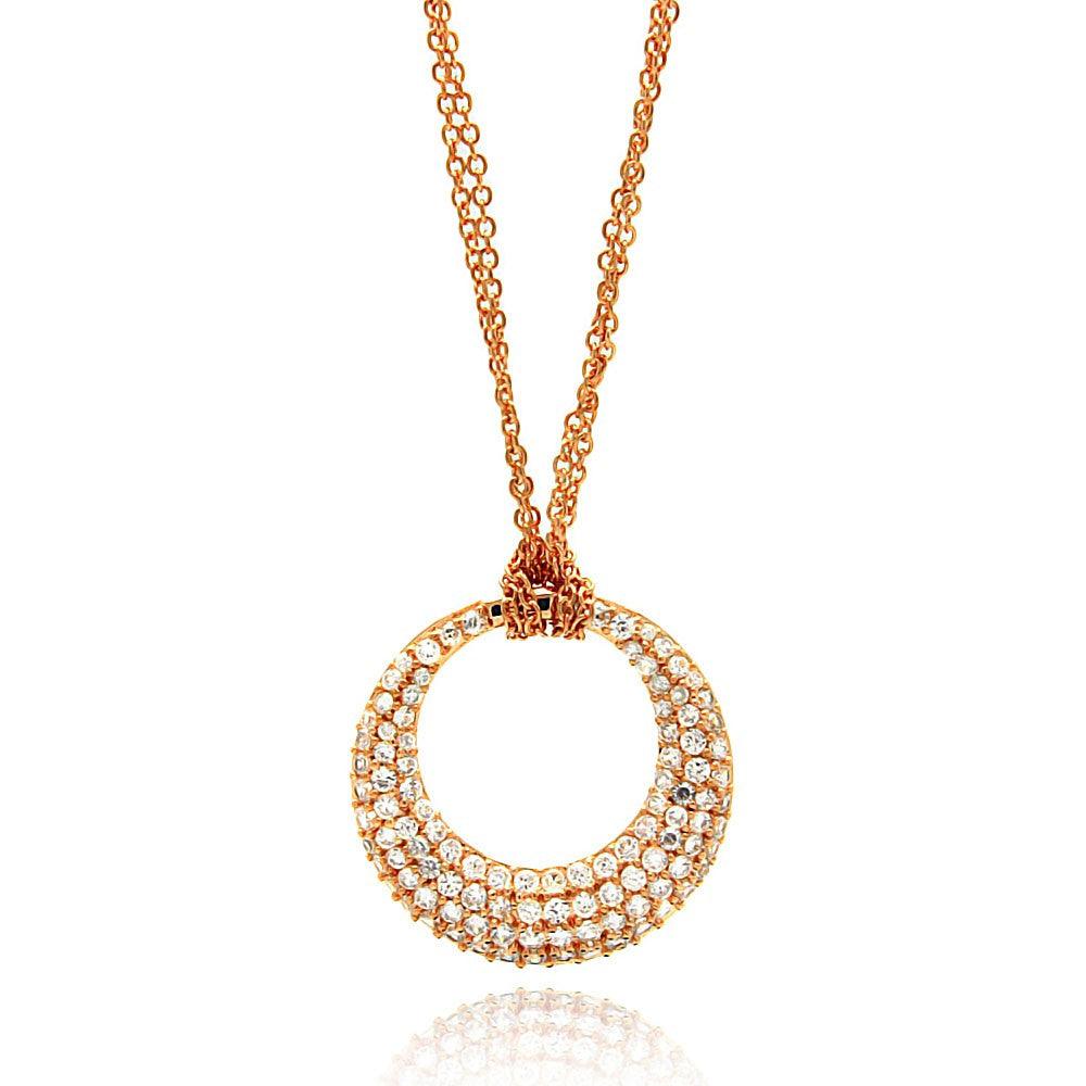 Closeout-Silver 925 Rose Gold Plated Clear CZ Circle Pendant Necklace - STP00631RGP