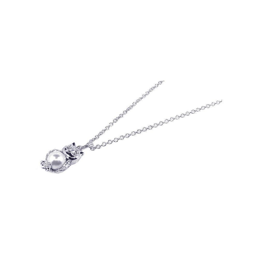 Silver 925 Rhodium Plated Pearl and CZ Owl Pendant Necklace - STP00640