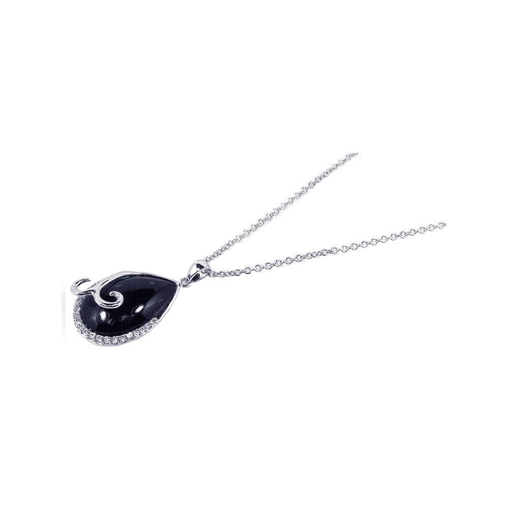 Closeout-Silver 925 Rhodium Plated Onyx Drop-shape Pendant Necklace - STP00641