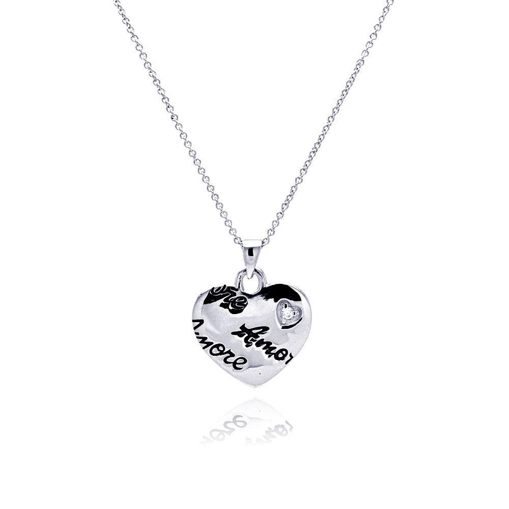 Closeout-Silver 925 Rhodium Plated Clear CZ Amore Love Heart Pendant Necklace - STP00648