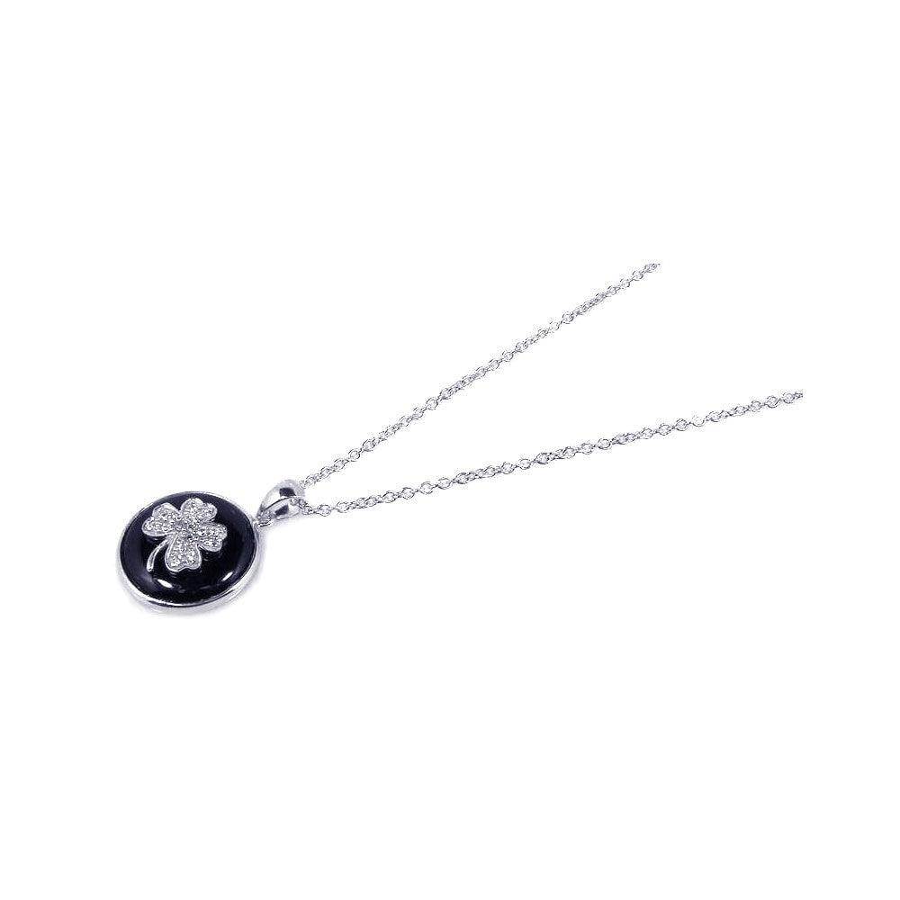 Closeout-Silver 925 Rhodium Plated Onyx Clover Pendant Necklace - STP00650