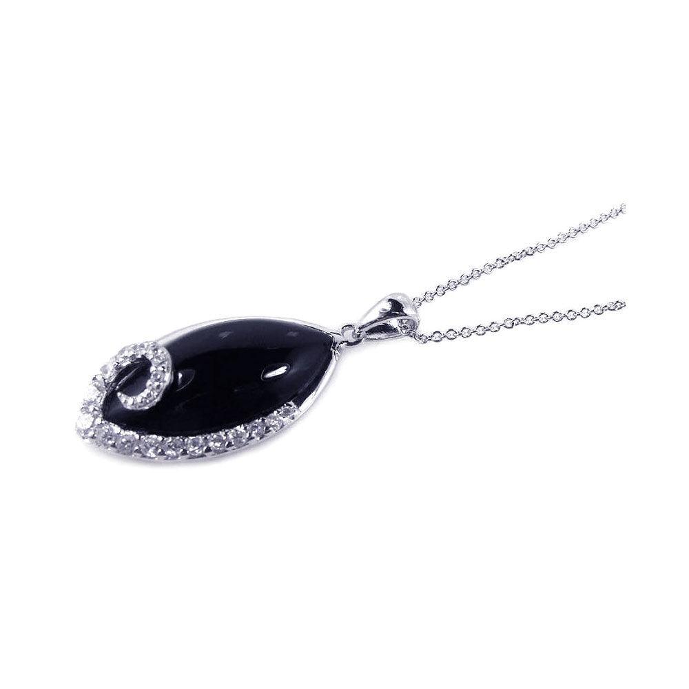 Closeout-Silver 925 Rhodium Plated Onyx Eye-shape Pendant Necklace - STP00652