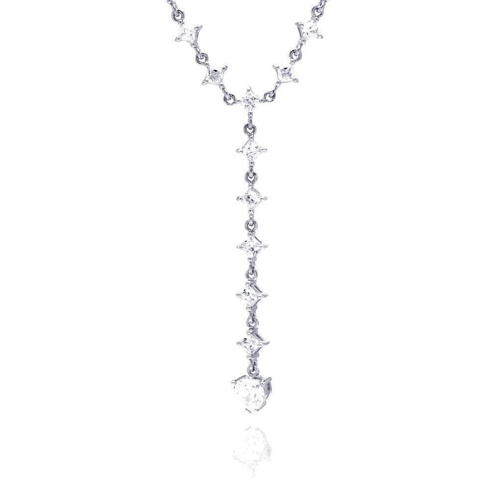 Closeout-Silver 925 Rhodium Plated Clear CZ Dangling Pendant Necklace - STP00683