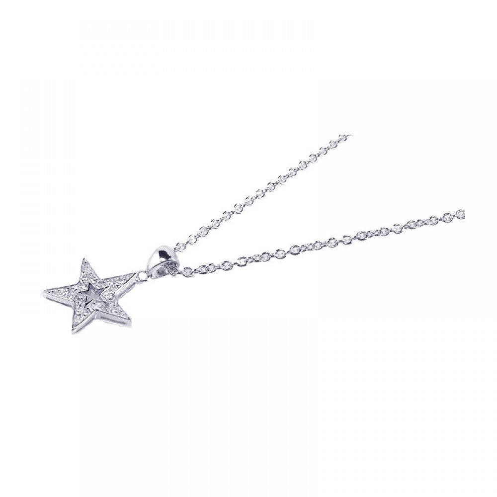 Silver 925 Rhodium Plated Clear CZ Star Pendant Necklace - STP00686