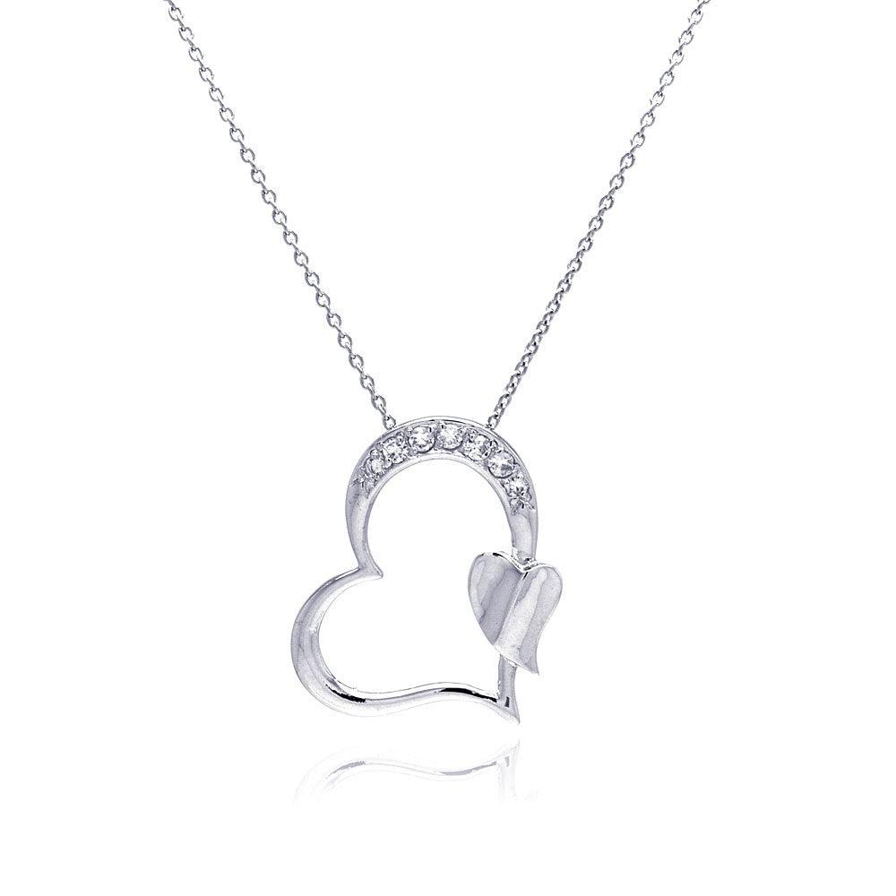 Silver 925 Rhodium Plated Clear CZ Heart Pendant Necklace - STP00688