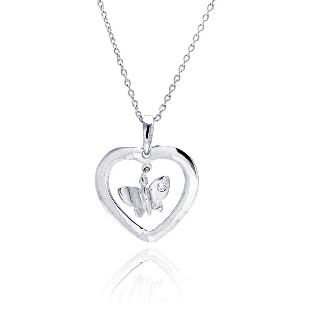 Closeout-Sterling Silver Rhodium Plated Clear CZ Butterfly Heart Pendant Necklace - STP00711