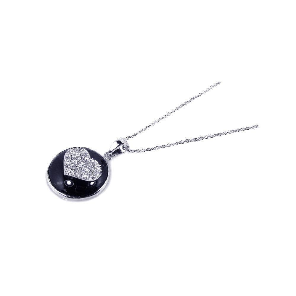 Closeout-Silver 925 Rhodium Plated Clear CZ Heart Black Onyx Pendant Necklace - STP00723