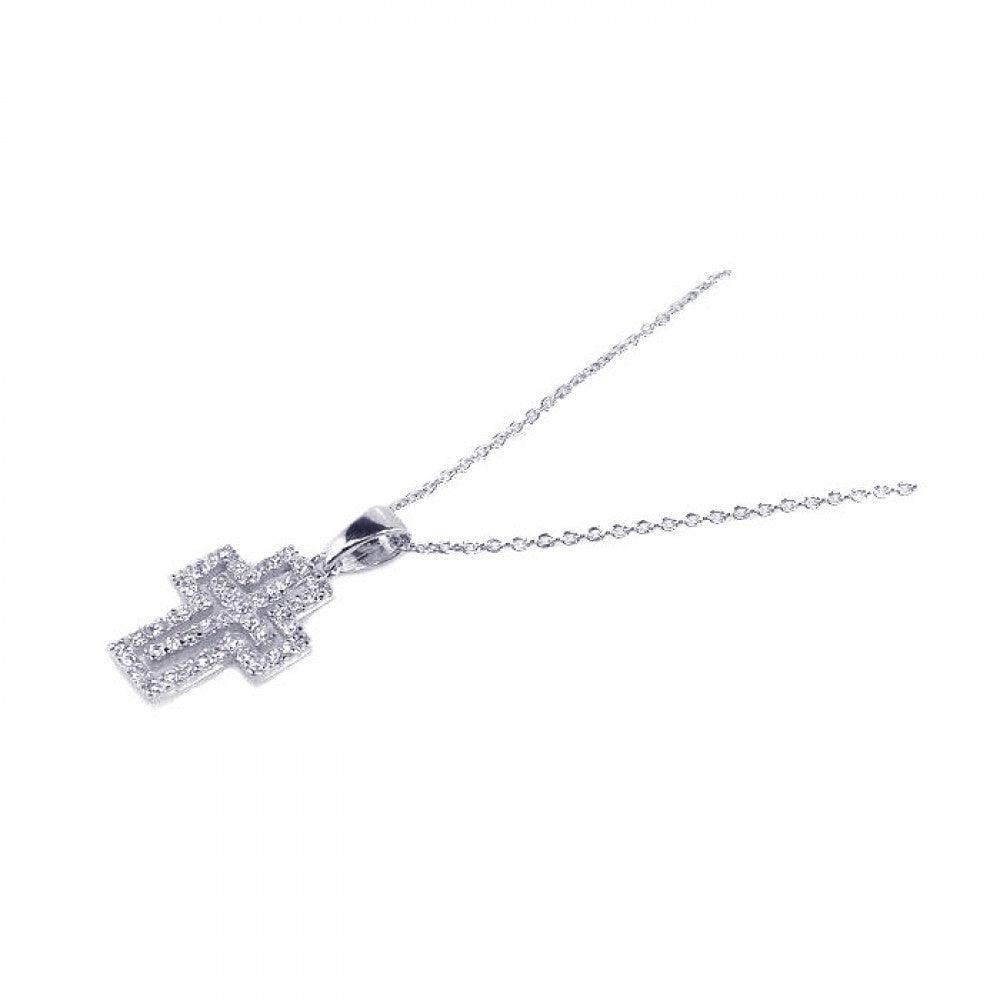 Closeout-Silver 925 Rhodium Plated Clear CZ Cross Pendant Necklace - STP00739