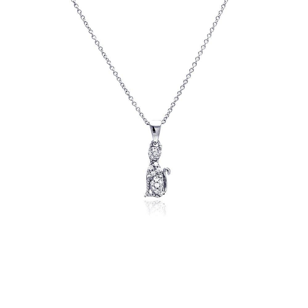 Closeout-Silver 925 Rhodium Plated Clear CZ Cat Pendant Necklace - STP00750