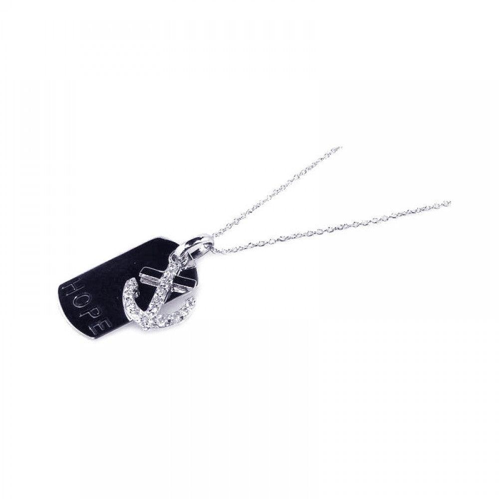 Silver 925 Rhodium Plated Clear CZ Anchor Black Dogtag Pendant Necklace - STP00754