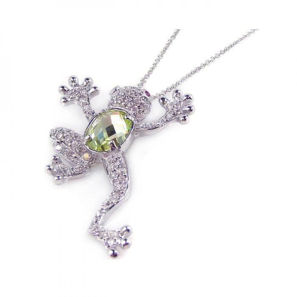 Silver 925 Rhodium Plated Green CZ Frog Pendant Necklace - STP00762