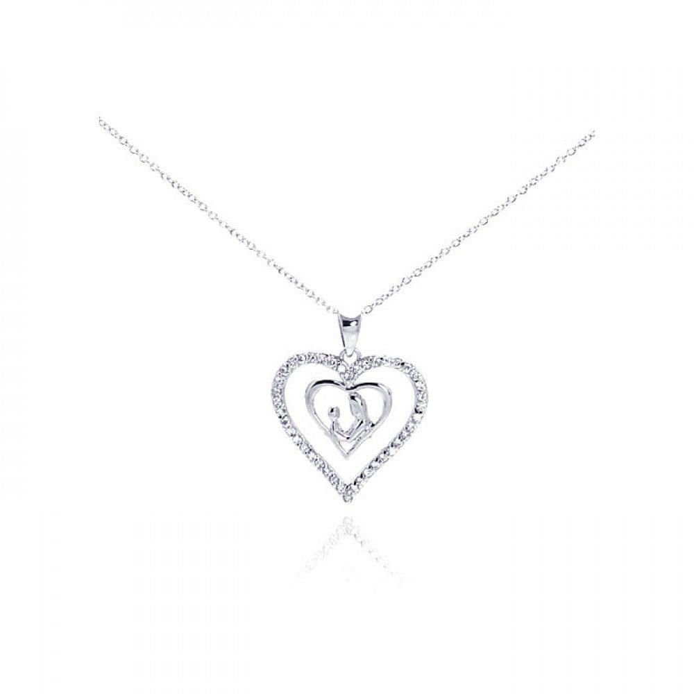 Silver 925 Rhodium Plated Clear CZ Figurine Heart Pendant Necklace - STP00765