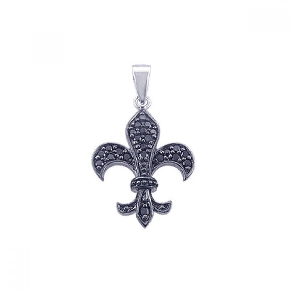 Silver 925 Black Rhodium Plated Black CZ Flor De Lis Pendant - STP00768