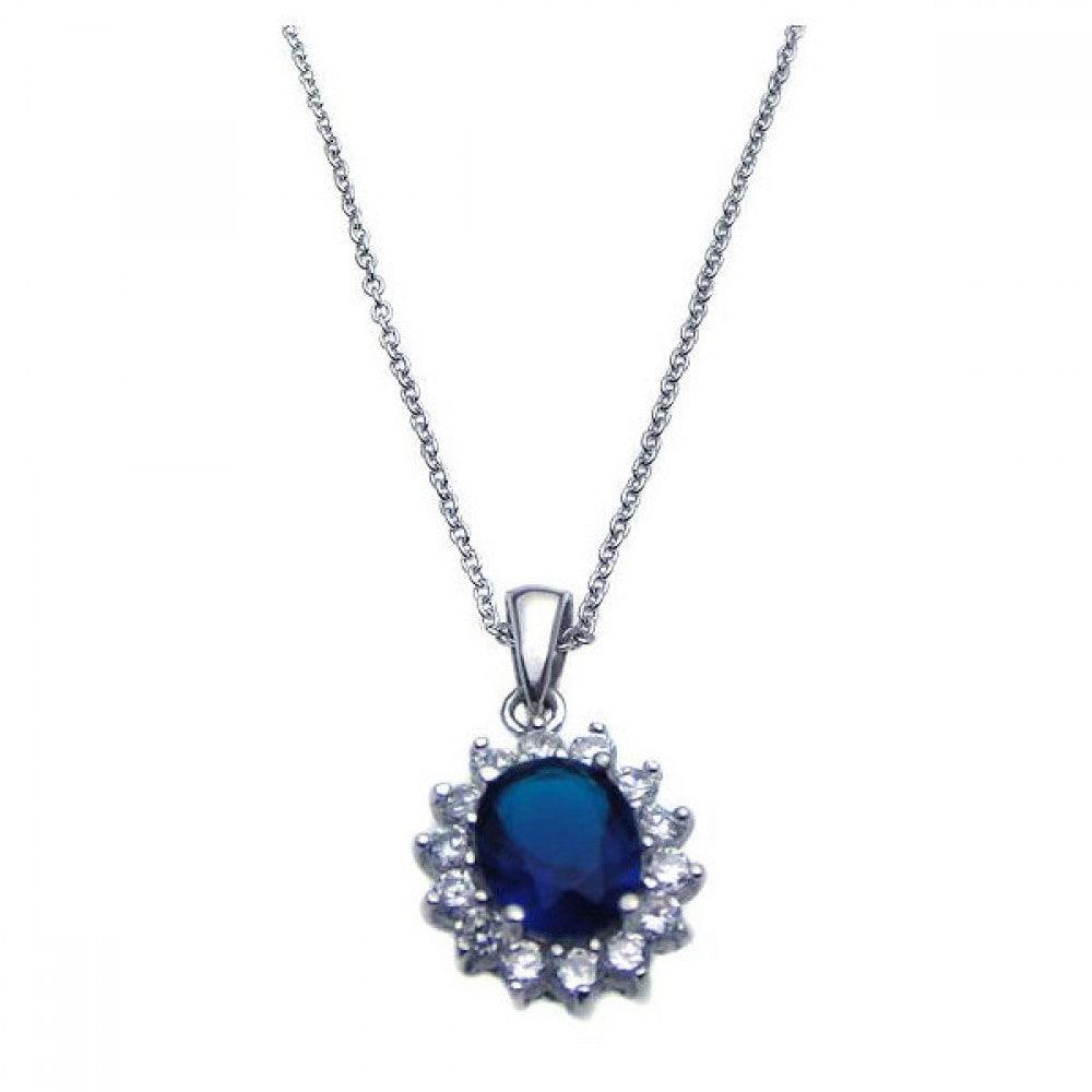 Silver 925 Rhodium Plated Blue CZ Cluster Pendant Necklace - STP00788