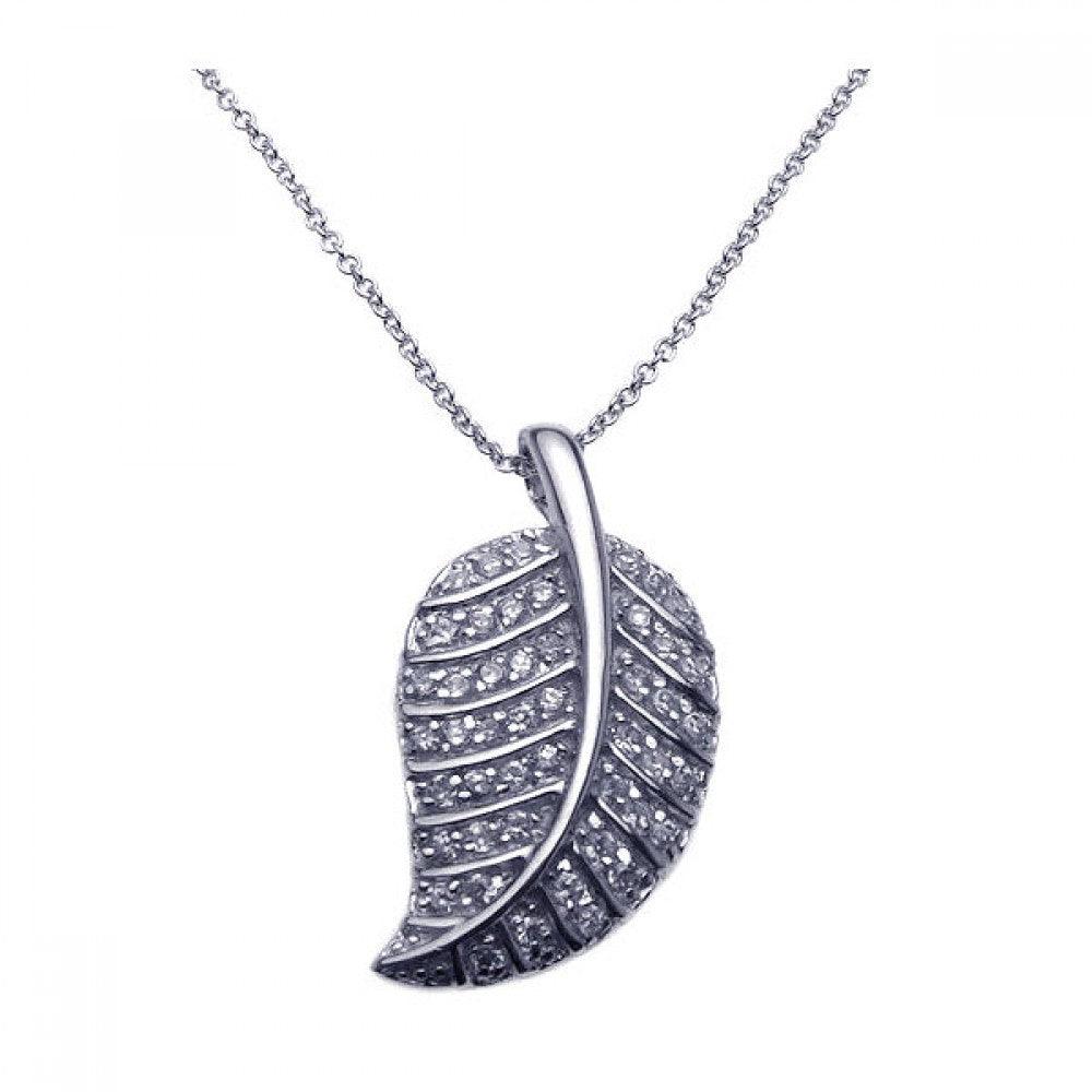 Closeout-Silver 925 Rhodium Plated Clear CZ Leaf Pendant Necklace - STP00789