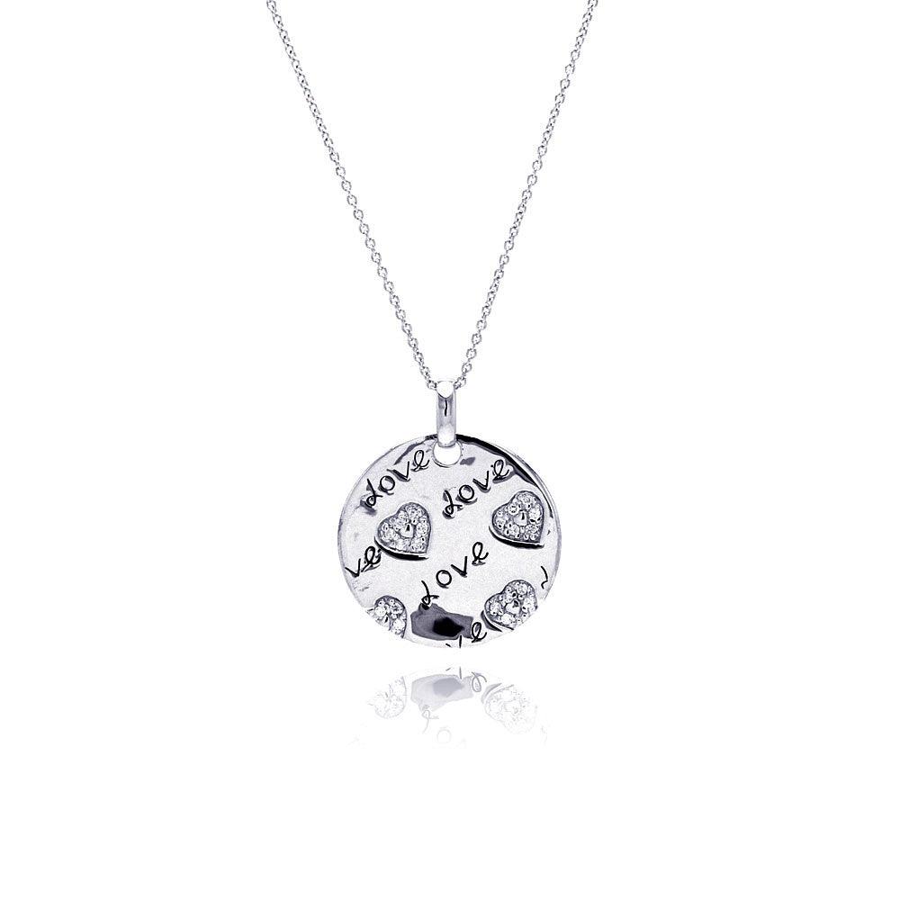 Closeout-Silver 925 Rhodium Plated Clear CZ Love Heart Round Pendant Necklace - STP00803