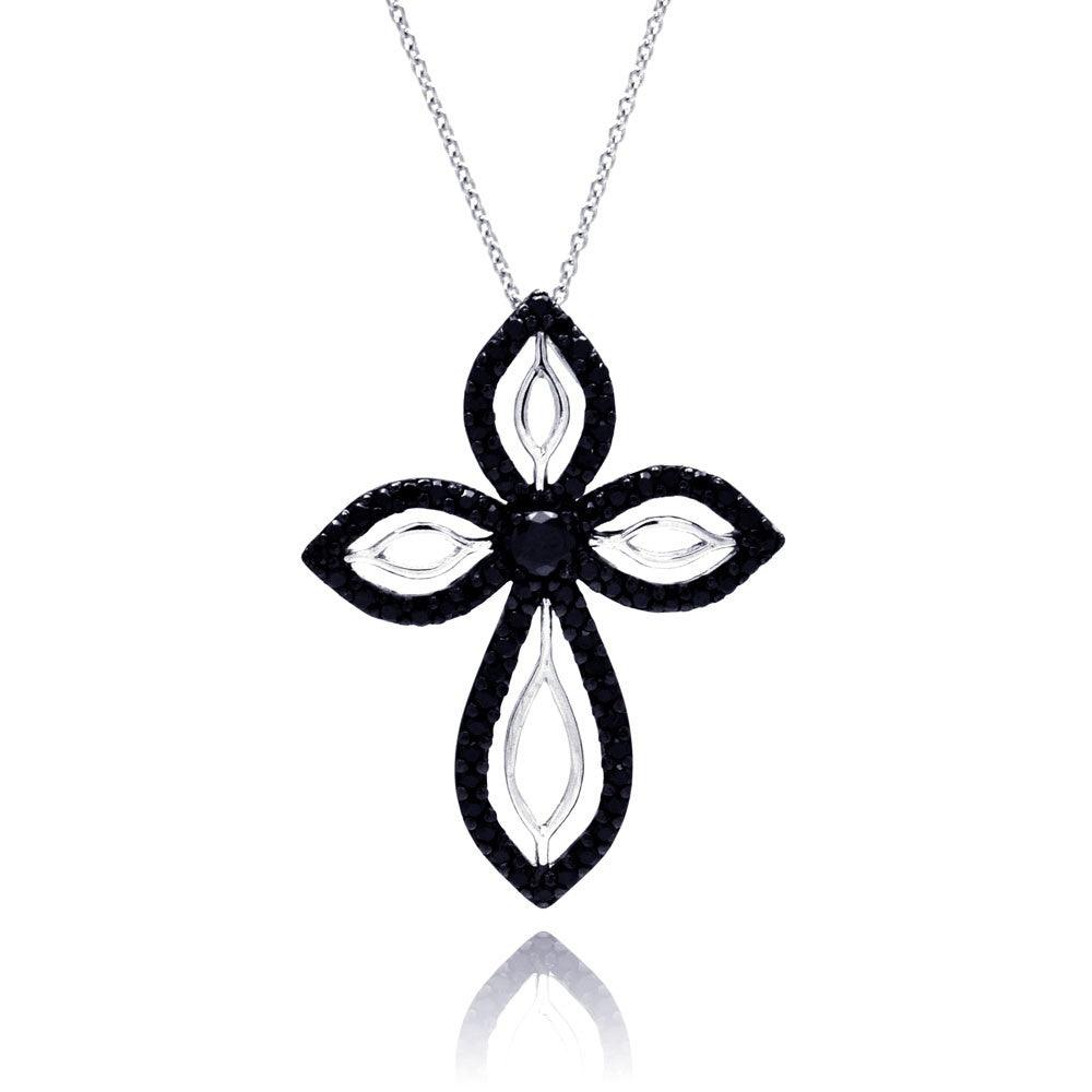 Closeout-Silver 925  Rhodium and Black Rhodium Plated Clear and Black CZ Cross Pendant Necklace - STP00804