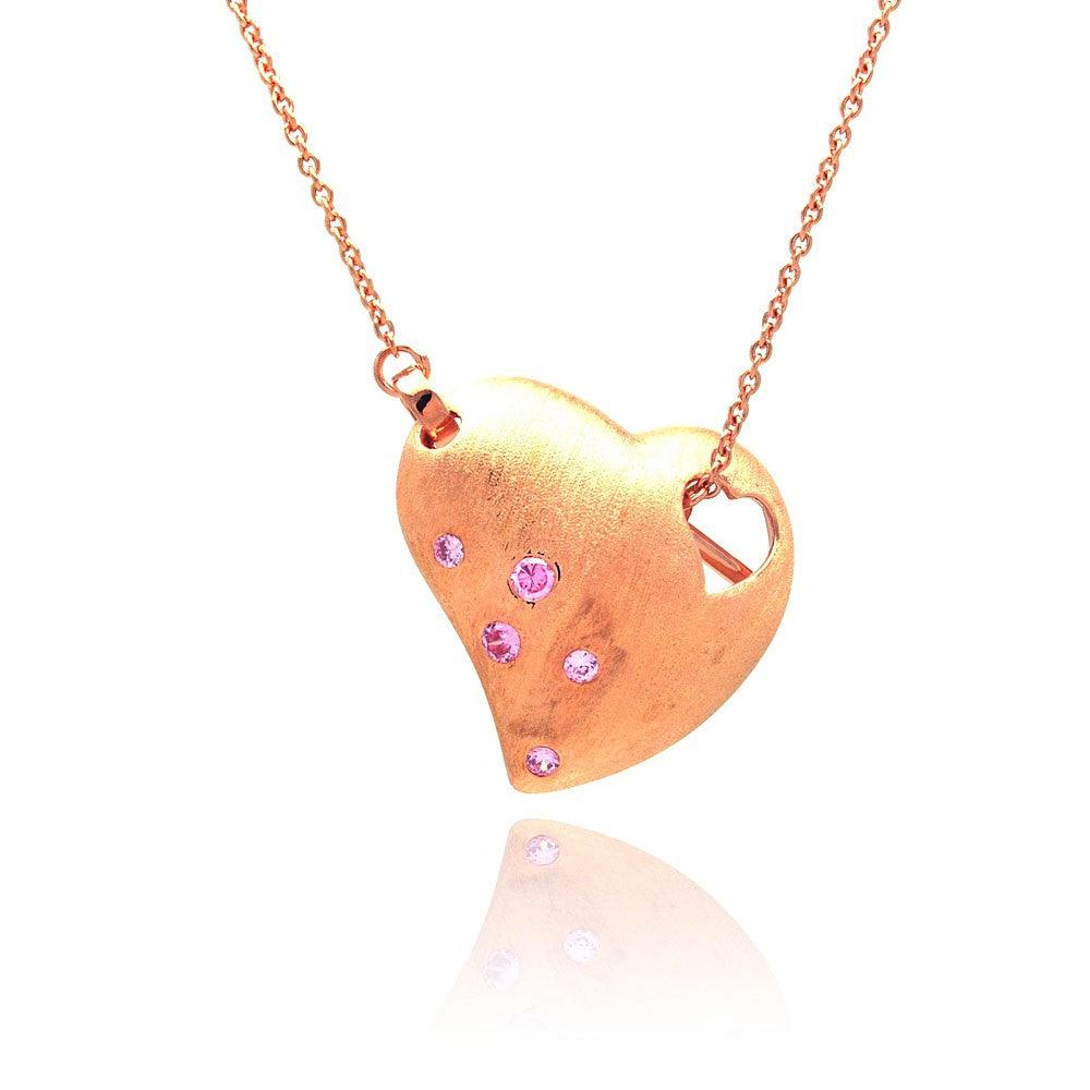 Closeout-Silver 925 Rose Gold Plated Clear CZ Heart Pendant Necklace - STP00808