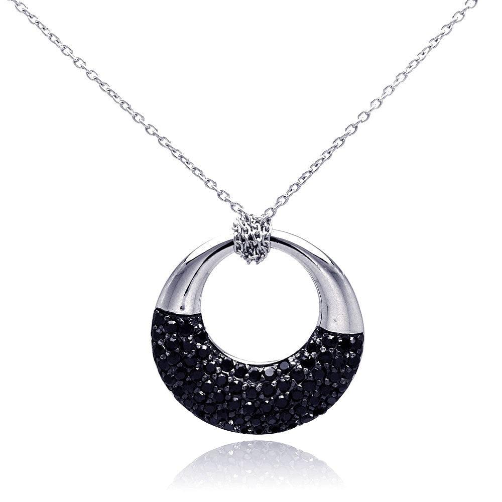 Closeout-Silver 925 Rhodium and Black Rhodium Plated Black CZ Ring Pendant Necklace - STP00817BLK