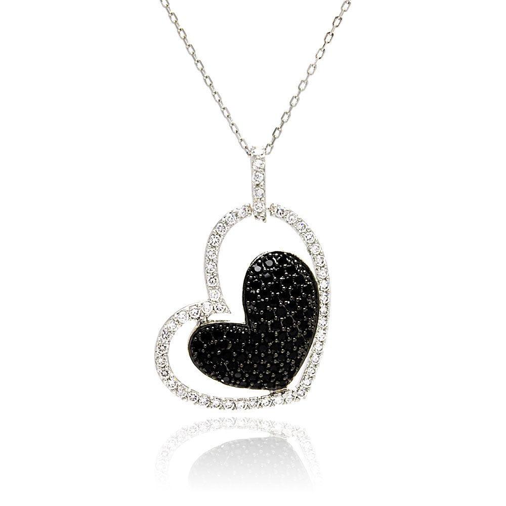 Closeout-Silver 925 Rhodium and Black Rhodium Plated Clear and Black CZ Heart Pendant Necklace - STP00819