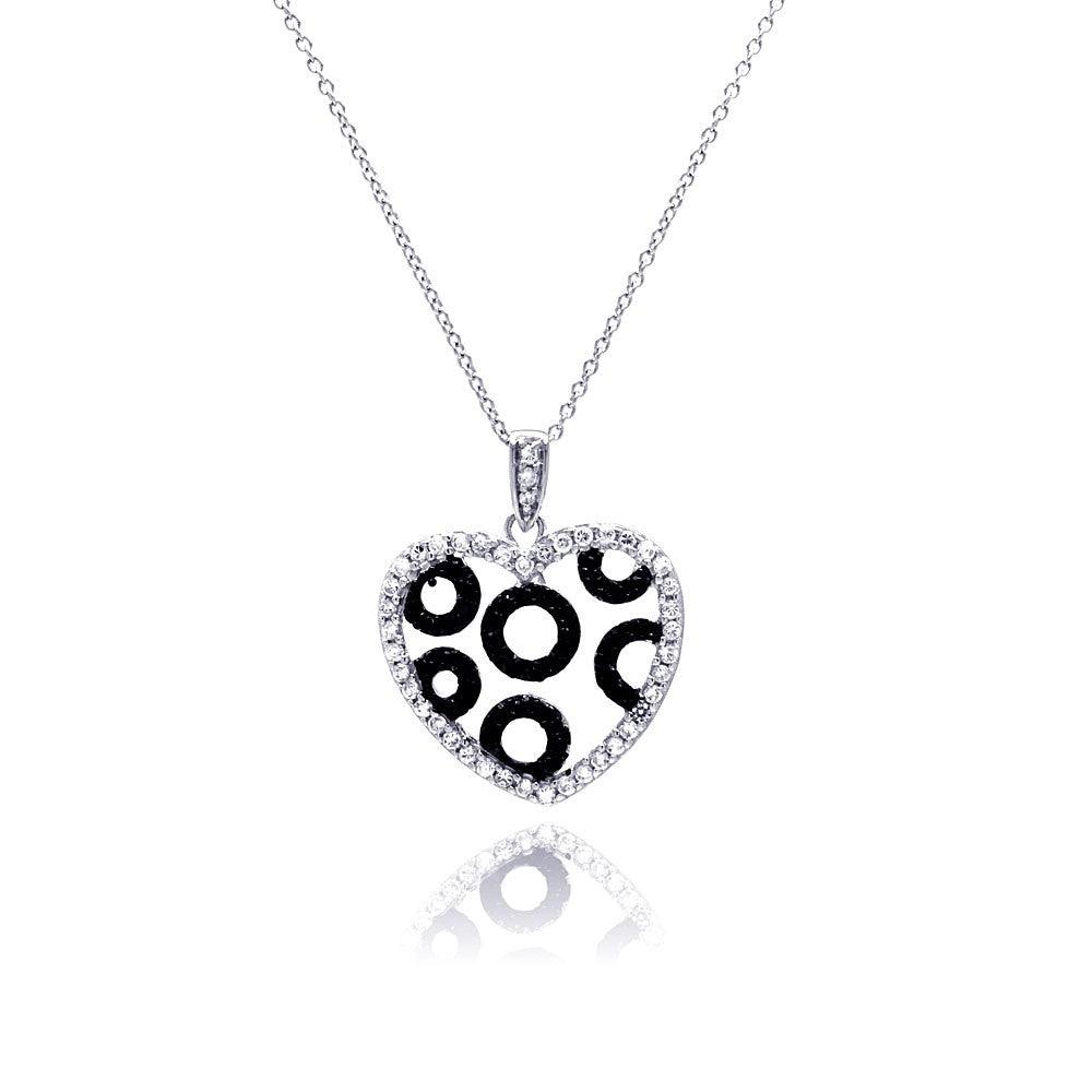 Closeout-Silver 925 Rhodium and Black Rhodium Plated Clear and Black CZ Heart Circles Pendant Necklace - STP00820