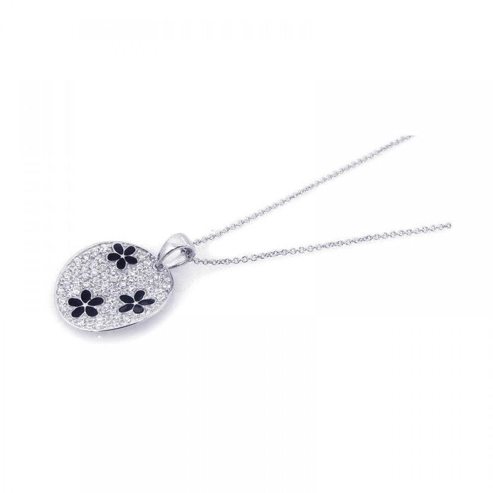 Silver 925 Rhodium Plated Clear and Black CZ Flower Circle Pendant Necklace - STP00821