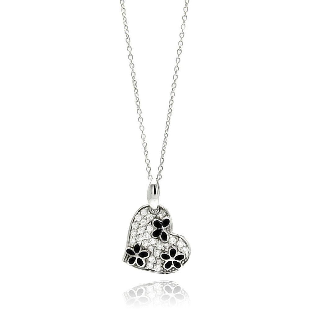 Closeout-Silver 925 Rhodium Plated Clear and Black CZ Flower Heart Pendant Necklace - STP00822