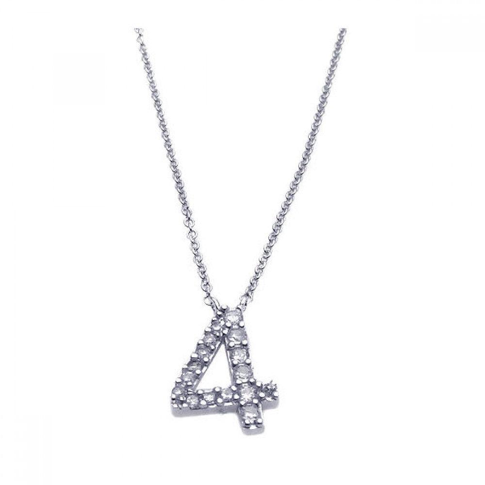 Silver 925 Rhodium Plated Clear CZ Number 4 Pendant Necklace - STP00831