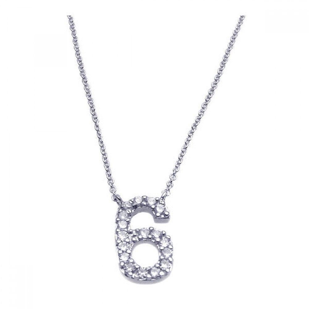 Silver 925 Rhodium Plated Clear CZ Number 6 Pendant Necklace - STP00833