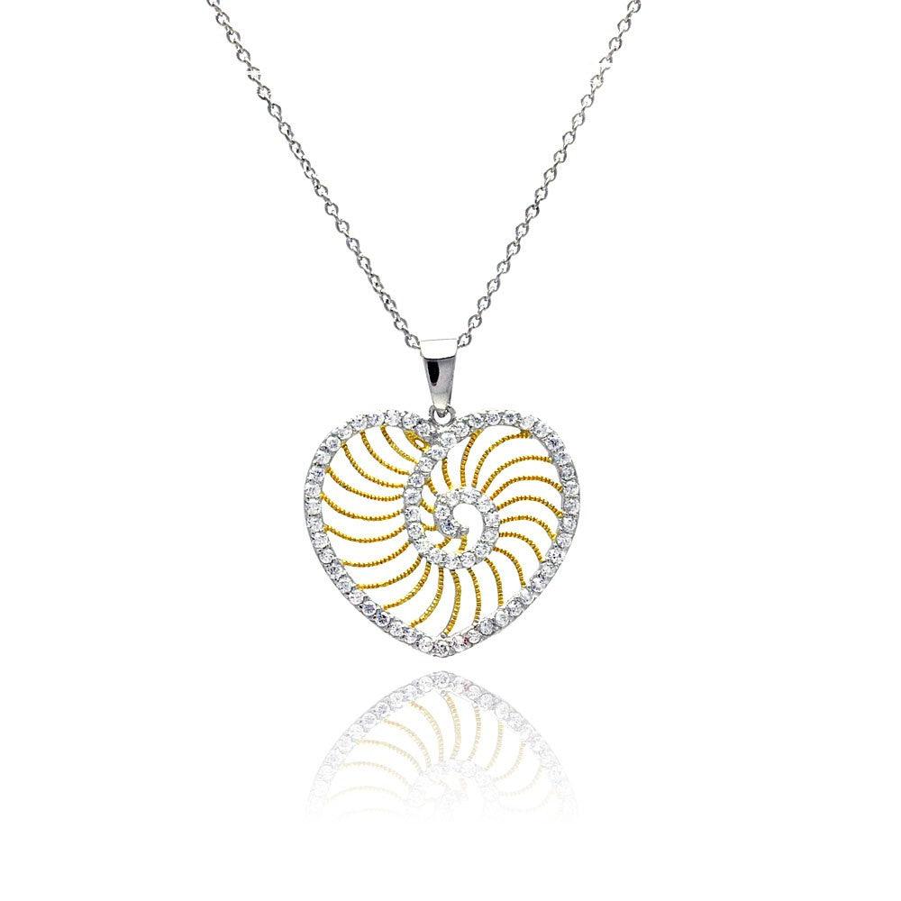 Closeout-Silver 925 Rhodium Plated Clear CZ Heart Gold Plated Swirl Pendant Necklace - STP00838