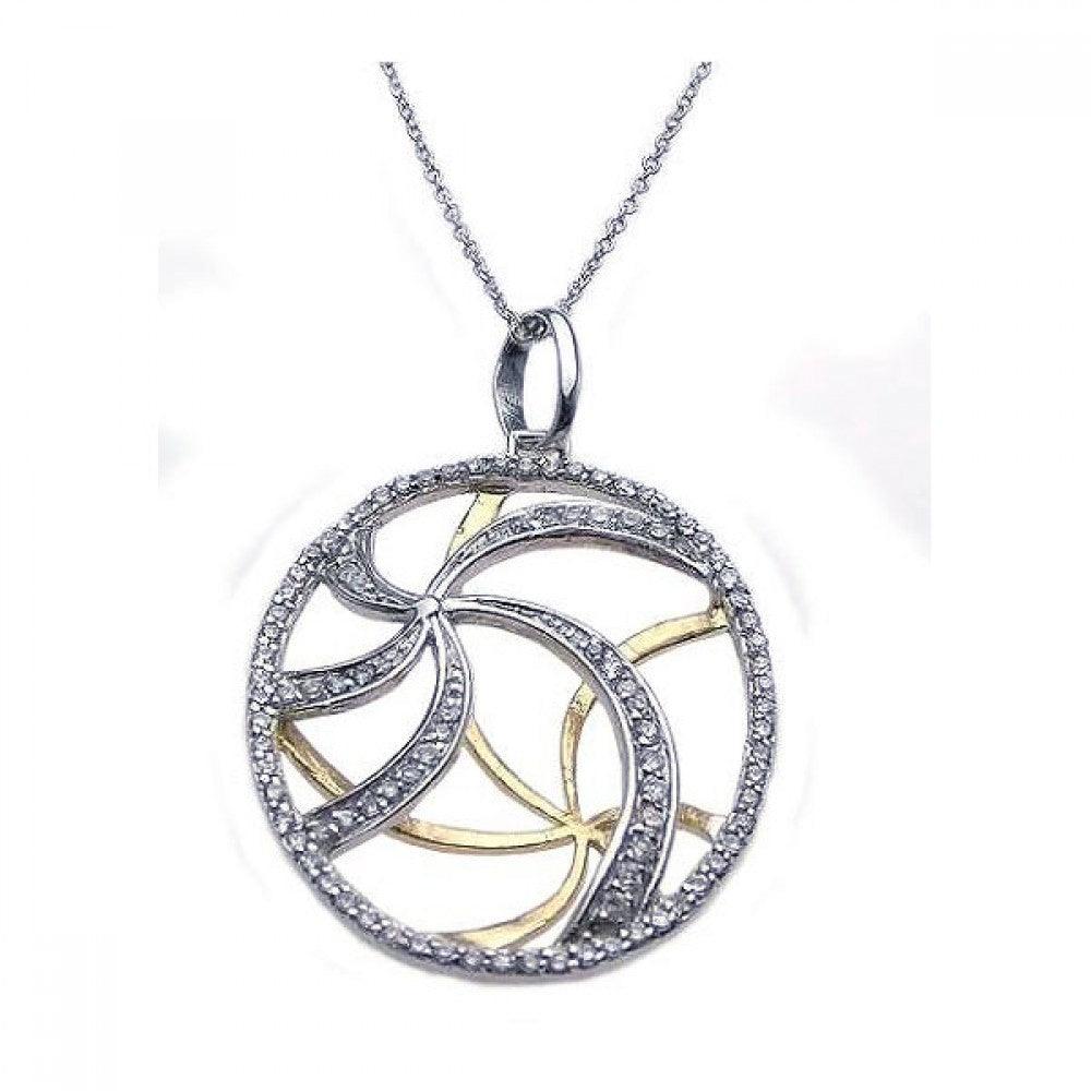 Closeout-Silver 925 Rhodium and Gold Plated Clear CZ Swirl Pendant Necklace - STP00858