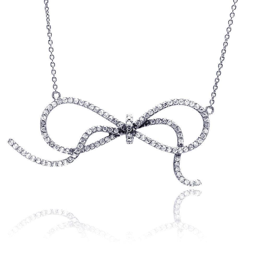 Closeout-Silver 925 Rhodium Plated Clear CZ Bowtie Pendant Necklace - STP00879