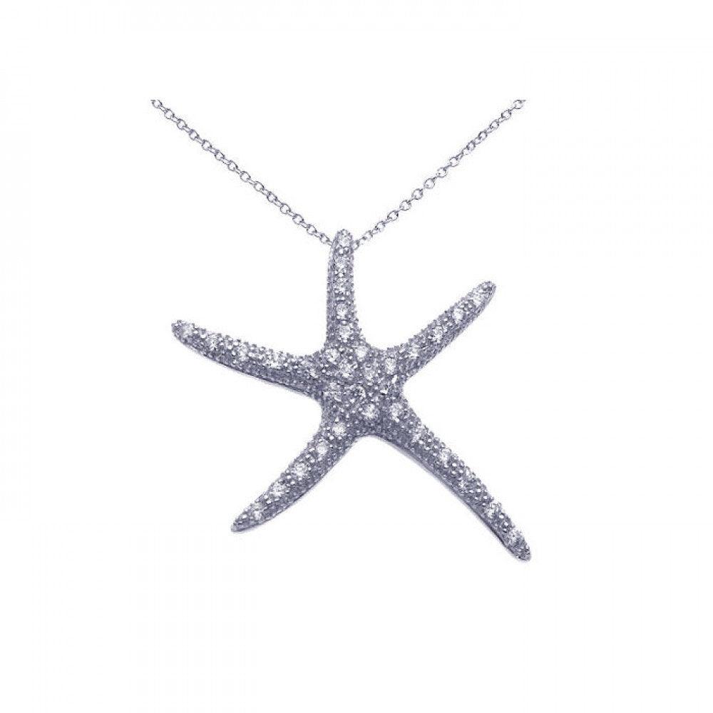 Silver 925 Rhodium Plated Clear CZ Starfish Pendant Necklace - STP00886