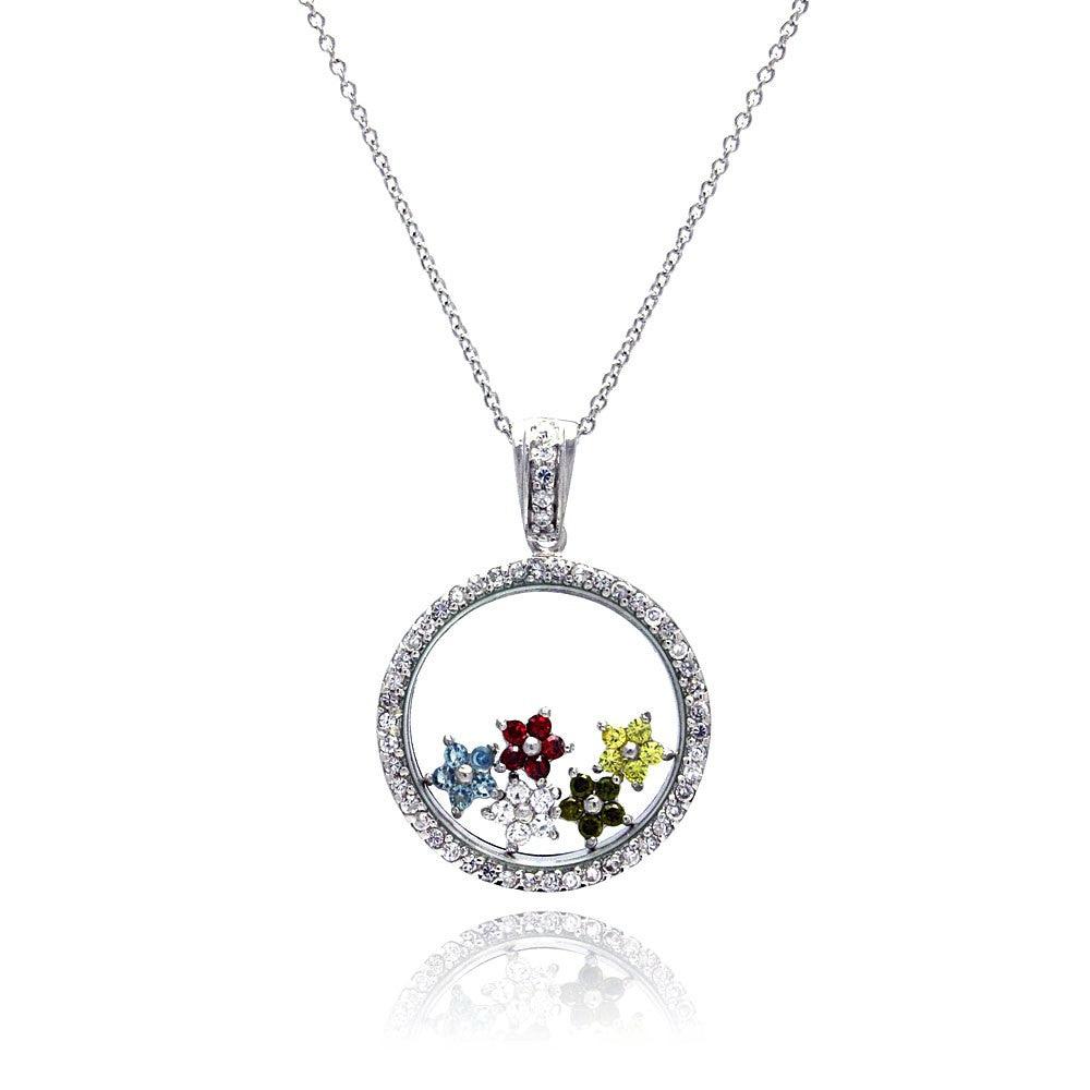 Silver 925 Rhodium Plated Clear CZ Circle Colorful Stars Pendant Necklace - STP00891