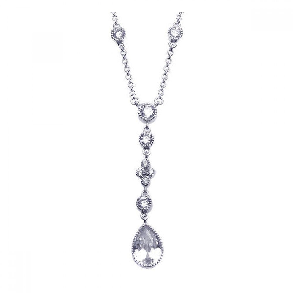 Silver 925 Rhodium Plated Clear CZ Dangling Pendant Necklace - STP00911