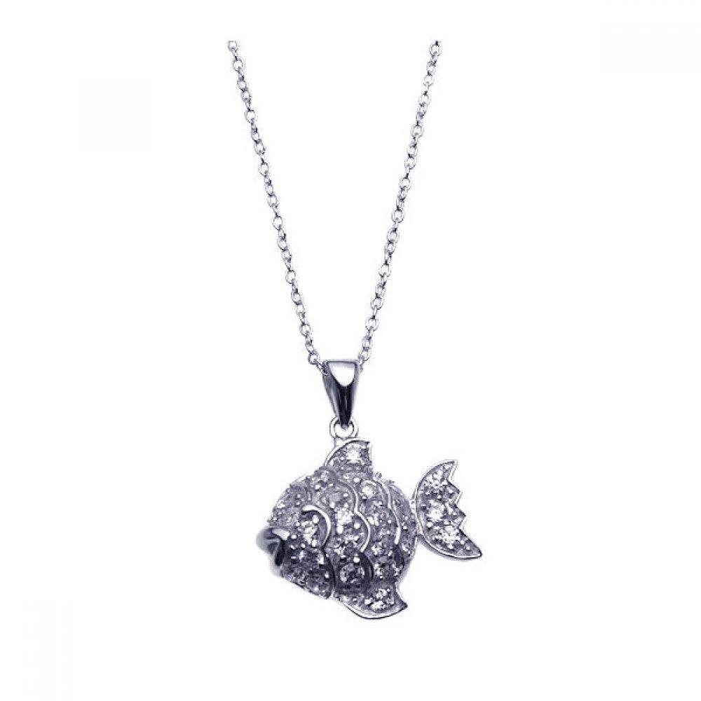 Silver 925 Rhodium Plated Clear CZ Fish Pendant Necklace - STP00915