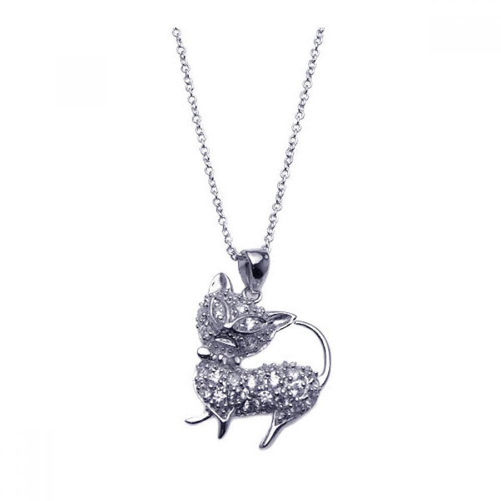 Silver 925 Rhodium Plated Clear CZ Cat Pendant Necklace - STP00918