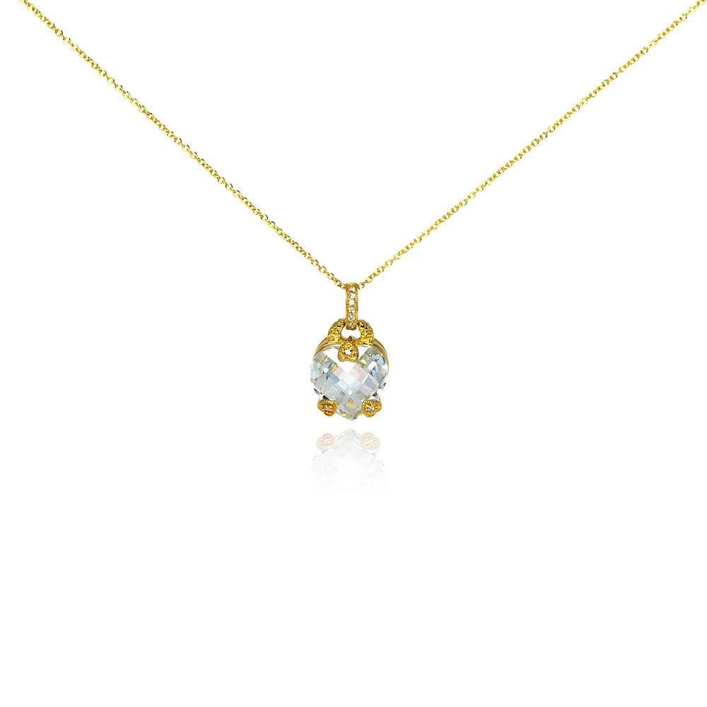 Closeout-Silver 925 Gold Plated Clear CZ Heart Pendant Necklace - STP00927