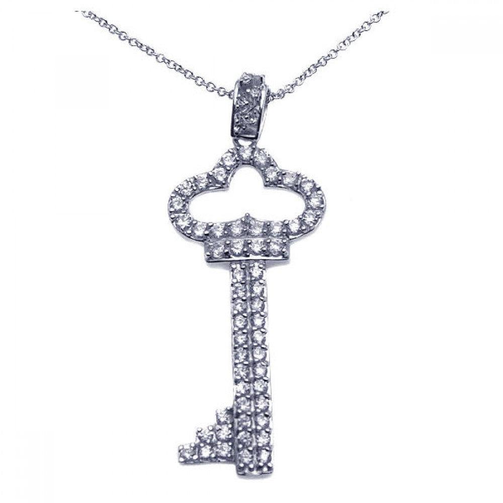 Silver 925 Rhodium Plated Clear CZ Key Pendant Necklace - STP00932