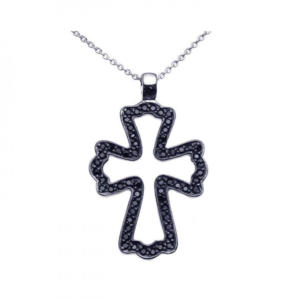 Closeout-Silver 925 Black Rhodium Plated Black CZ Cross Pendant Necklace - STP00936