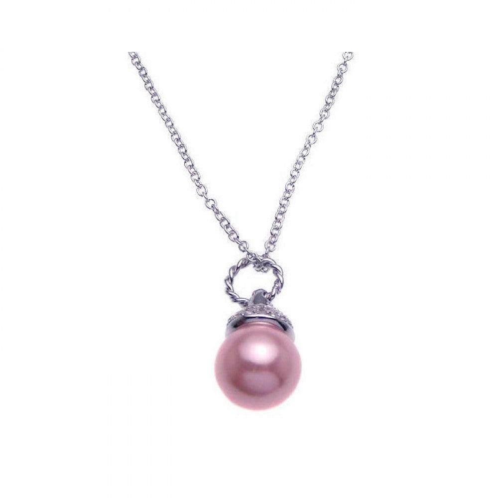 Silver 925 Rhodium Plated Clear CZ and Pink Pearl Pendant Necklace - STP00939PNK