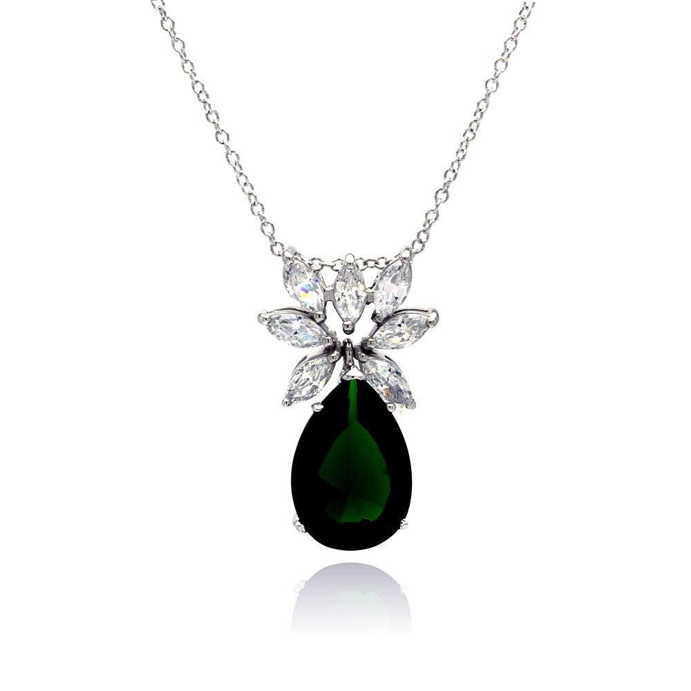 Silver 925 Rhodium Plated Clear CZ and Green Pear CZ Pendant Necklace - STP00941GREEN